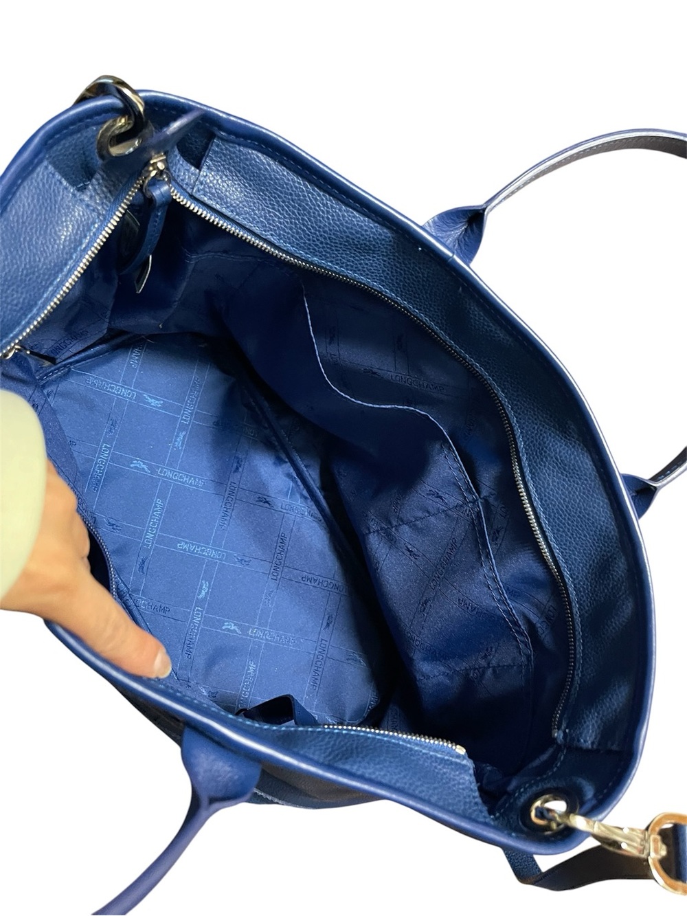 LONGCHAMP Navy Le Foulonne Zip Top Pebbled Leather Tote with Detachable Strap - Picture 14 of 16